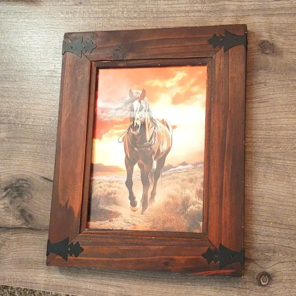 Framed wooden digital created picture of a horse running through the plains